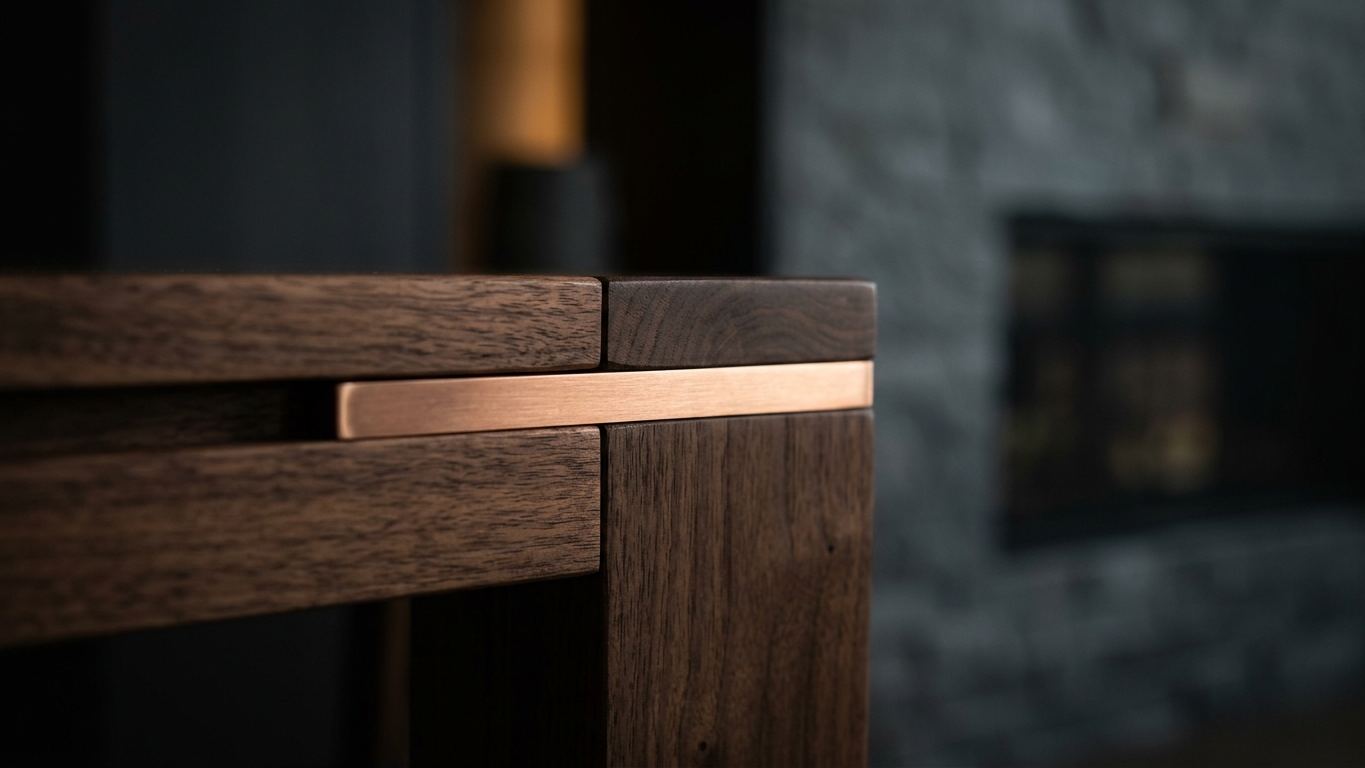 Custom dark walnut vanity with brushed copper hardware for a bathroom remodel
